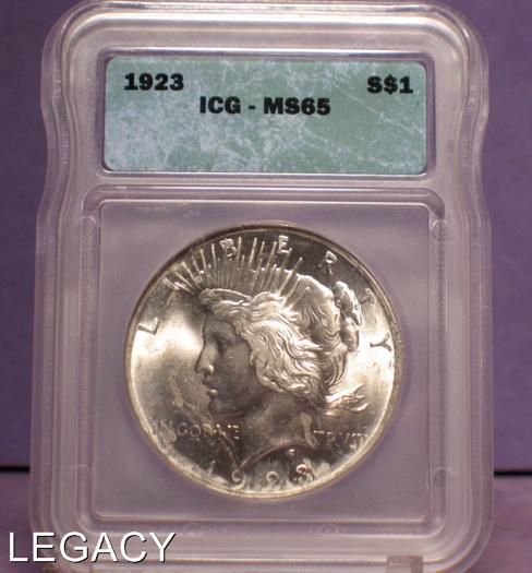 1923 P SILVER PEACE DOLLAR ICG MS65 90% *SILVER (OI+  