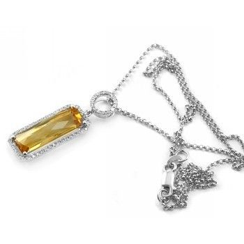 FINE CITRINE & DIAMONDS NECKLACE PENDANT 14K WHITE GOLD  