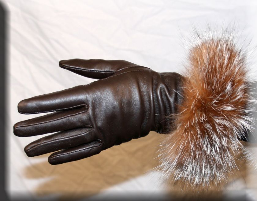 New Brown Lambskin Leather Gloves Crystal Fox Trim  