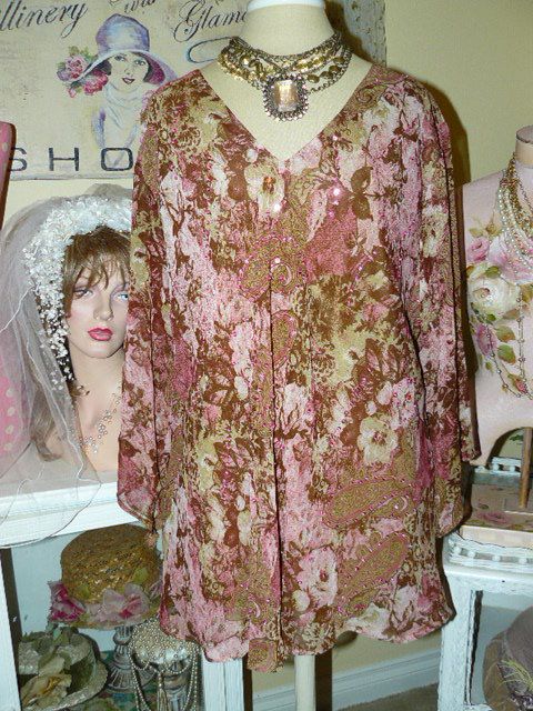 MOCHA ROSE Beaded CHIFFON COVERUP Versatile TUNIC 1X  