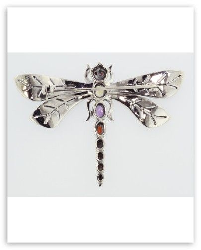 Multi Gemstone Marcasite Dragonfly Pin Sterling Silver  