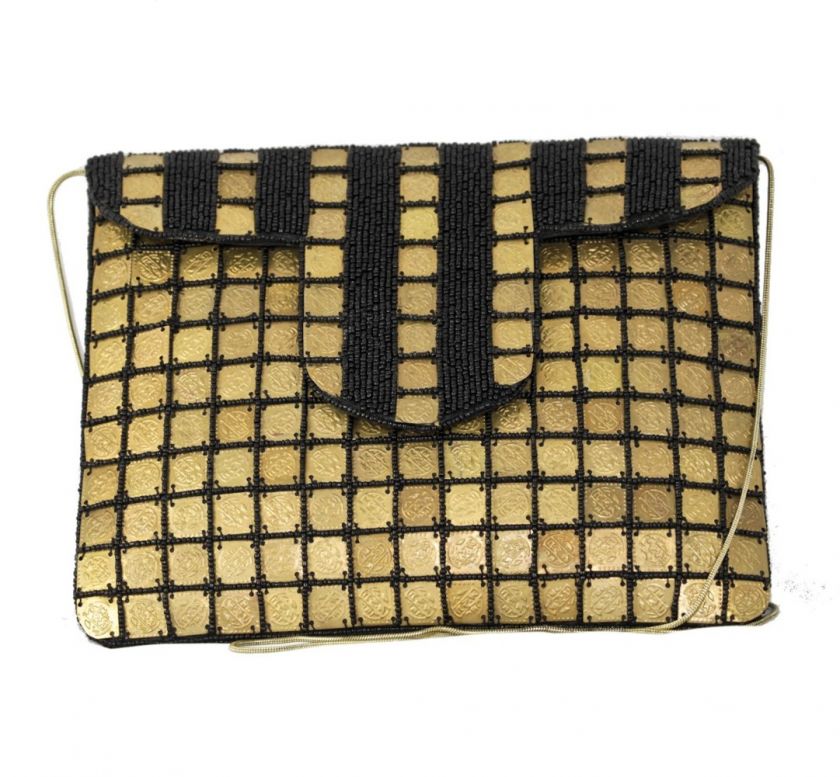 Gold Coin Black Beaded Envelope Clutch Evening Bag  