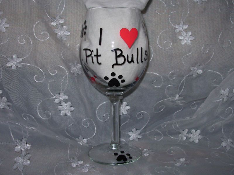 Love Pit Bulls Hand Painted Dog Wine Glass w/ Paws  