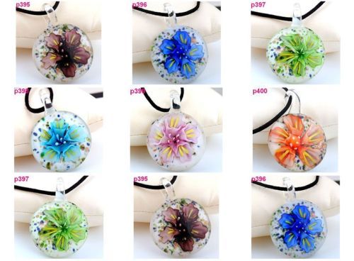 6P Flower Round Murano Glass Pendant Necklace p395 400  