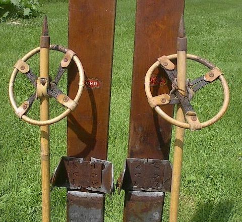 VINTAGE Wooden Skis 77 Long POINTS + OLD Bamboo Poles  