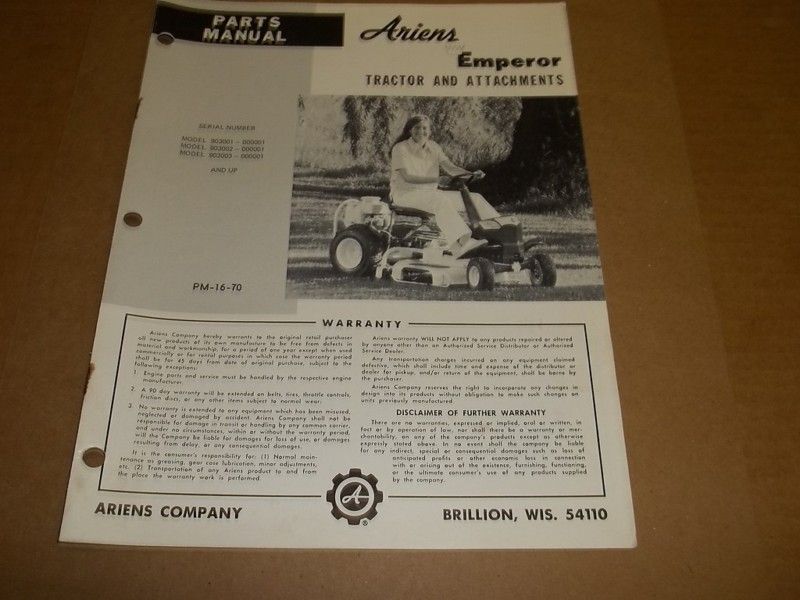 c75) Ariens Parts List Manual Emperor Riding Mower  