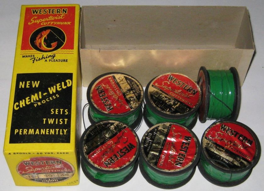 SIX SPOOLS IN BOX OF WESTERN SUPERTWIST CUTTYHUNK NYLON FISHING LINE 