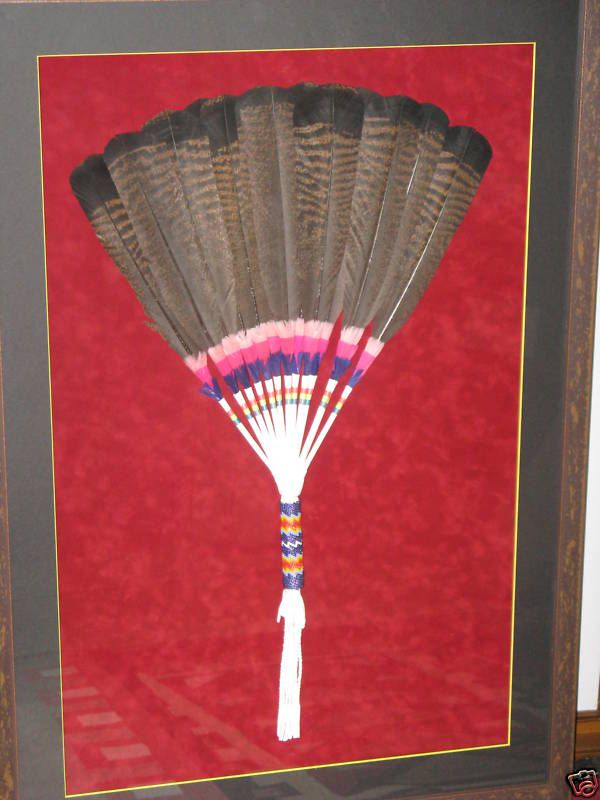 BEADED HANDLE PEYOTE FAN/ CHEYENNE / CUSTOM FRAMED  