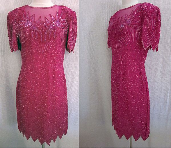 Vtg Denise Elle Sequin Bead Party Hot Pink Dress Size M  