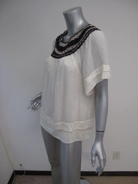 Phillip Lim Ivory/Navy/Silver Crochet Neck Latered Blouse 6  
