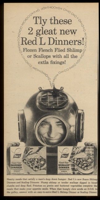 1959 deep sea diver diving helmet photo Red L shrimp & scallop TV 