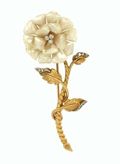 BEAUTIFUL 14K DIAMONDS & PEARLS 3D FLOWER PIN BROOCH  