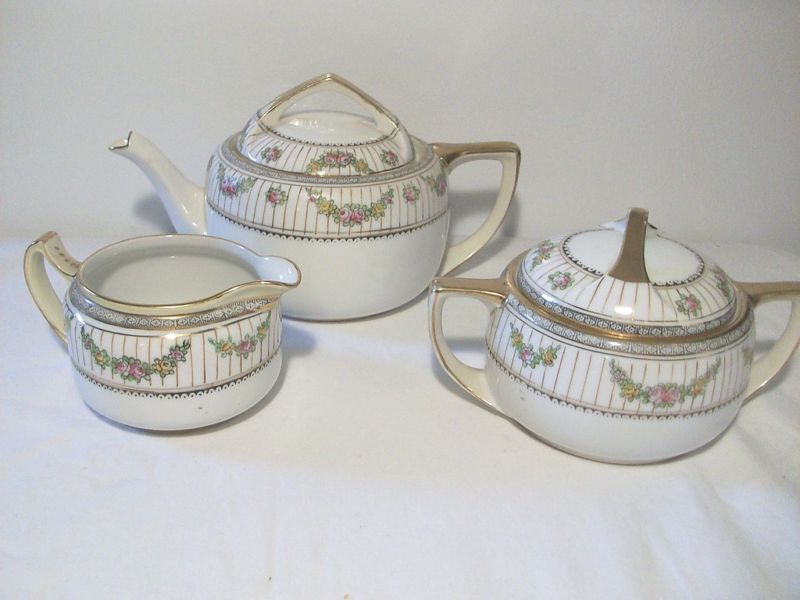 Handpainted Nippon Tea Set 6 PC.  Floral Swags W/Gold  