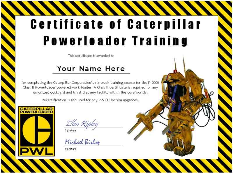 Certificate of Caterpillar Powerloader Training Aliens  