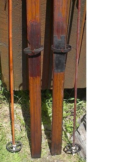 VINTAGE Wooden 70 Skis w/ POINTS + Bamboo Ski Poles  