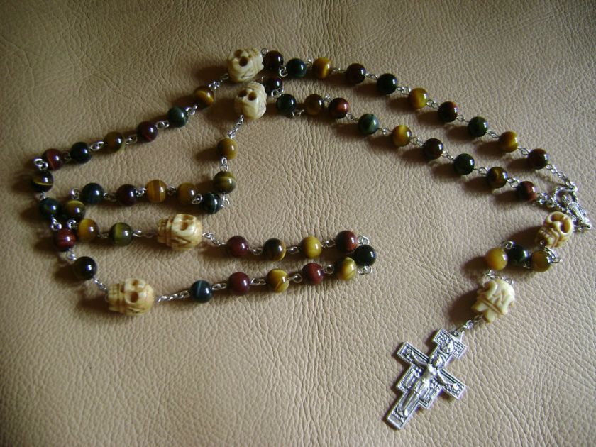 SO RARE Handmade Bone Skull & Tiger Eye Jade Beads ROSARY San Damiano 