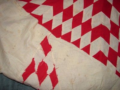   Stitched Lonestar Star Red White Quilt Top Feedsack Material  