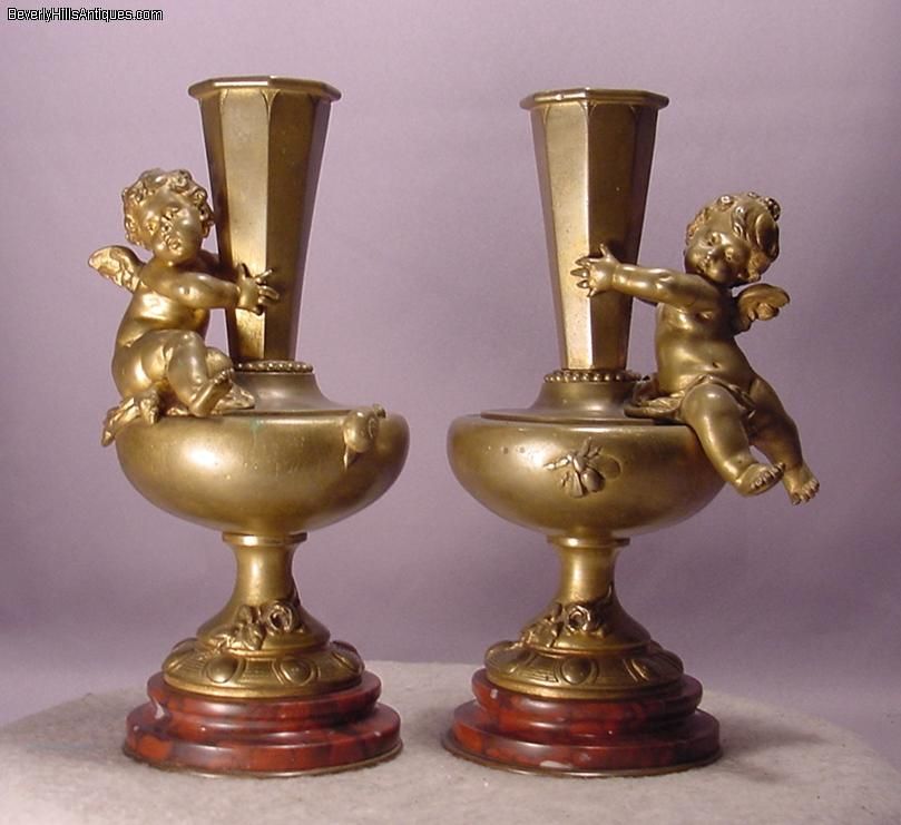 Pair Antique Cherub Bronze Marble Vases Aug. Moreau  