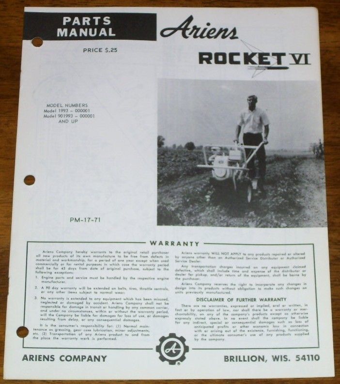 Ariens Rocket Tiller SN 1M 00801 & Up Operating & Parts Manual RPL 62 