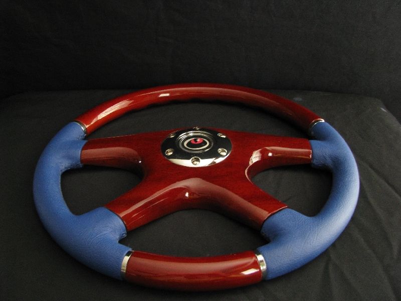 NEW 15 BLUE LEATHER WOOD GRAIN STEERING WHEEL  