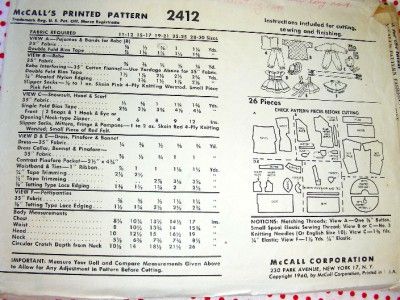 Vintage Pattern BABY DOLL CLOTHES   McCalls 2412 UNCUT  