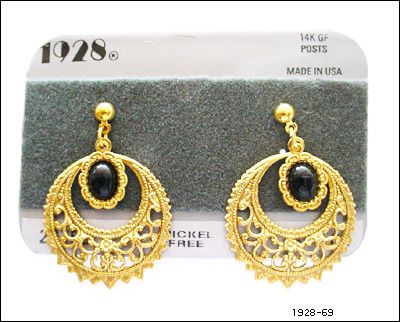 1928 JEWELRY BLACK STONE GOLD DROP DANGLE EARRINGS NEW  