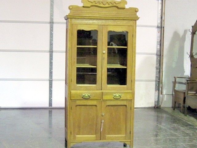 Antique Kitchen China Cabinet w Glass Doors Light Oak  