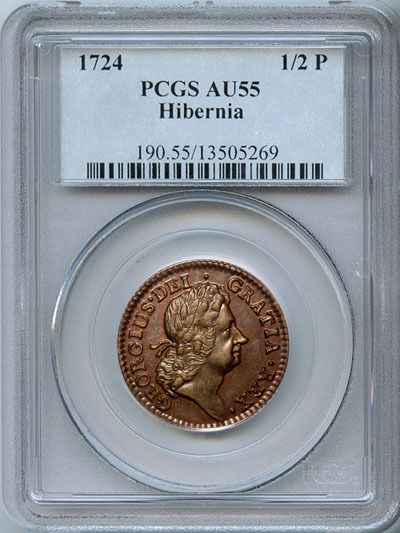 1724 1/2C Woods Hibernia AU 55 PCGS Certified Gem  