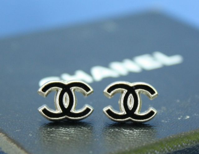 CHANEL Pierced Earrings Black Silver 04P EXCNT BOX Authentic CC Logo 