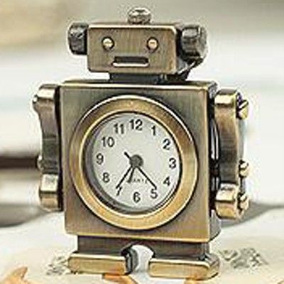 BRONZE TONE ROBOT POCKET WATCH CLOCK PENDANT + NECKLACE  