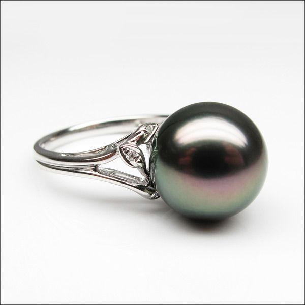 AAA 10.8MM GREEN TAHITIAN PEARL RING,18K GOLD W,DIAMOND  