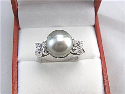 South Pacific Grey Pearl 11mm & Diamond Ring .57ct 14k H I SI2 SI3 