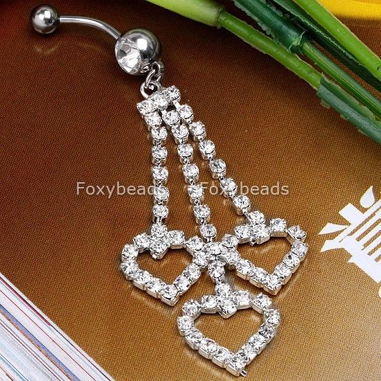 CZ Crystal Dangle Heart Double GEM Belly Navel Ring  