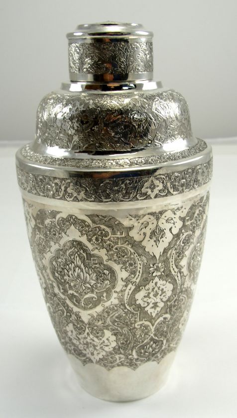   Vintage Sterling Silver Cocktail Martini Shaker Bar Iran Etched Floral