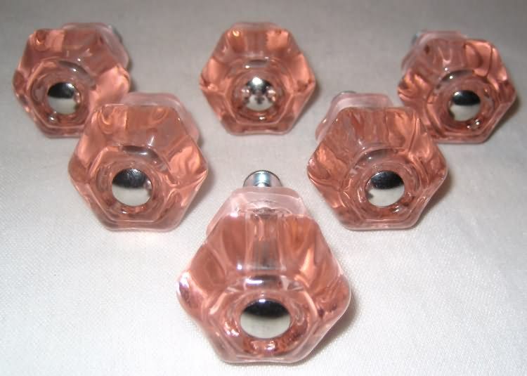 Pink Glass Ferrule Antique Cabinet Knob Pulls 1 3/16  