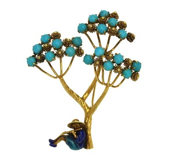 BEAUTIFUL 18K GOLD & TURQUOISE TREE FLUTIST PIN BROOCH  