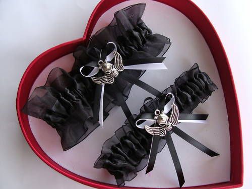 Wedding Garter Set Black On Black Skull with Wings  