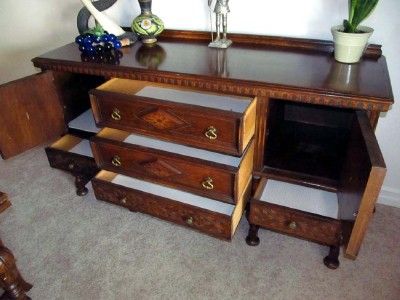 Antique Spanish Mission Draw Leaf Dining Table Set Chairs & Sideboard 