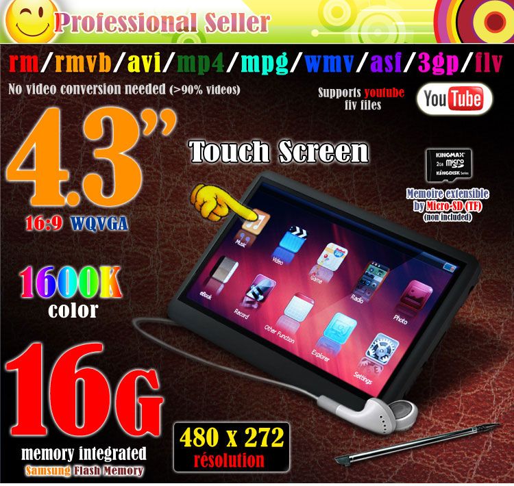 16GB  MP4 MP5 FM PMP Touch Screen RMVB AVI FLV  