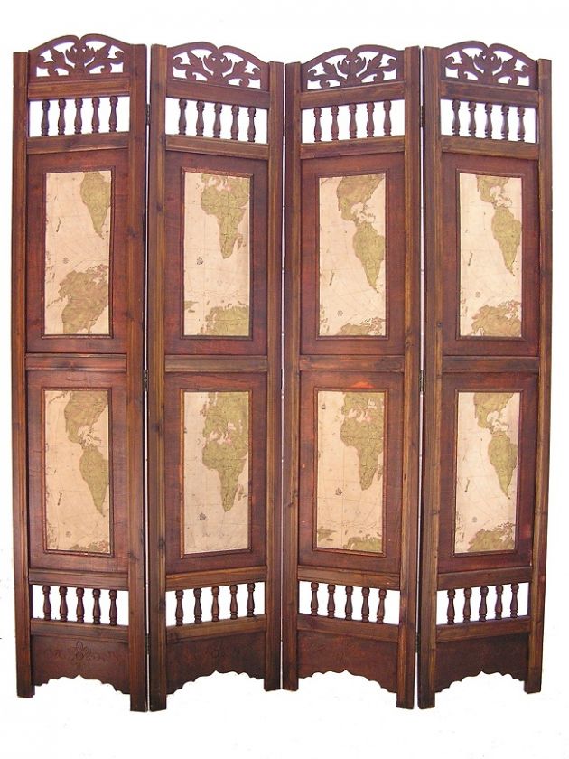 Old Word Map Room Divider Screen 4 Panel Wooden Frame  