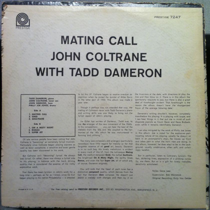 JOHN COLTRANE & TADD DAMERON mating call LP VG+ RVG  