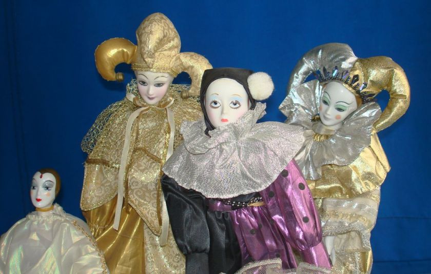 Contemporary Porcelain Bisque Harlequin Jester Dolls Closeup View