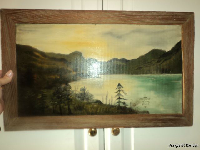 ANTIQUE Folk ART Primitive HUDSON River Morning in the Hills 