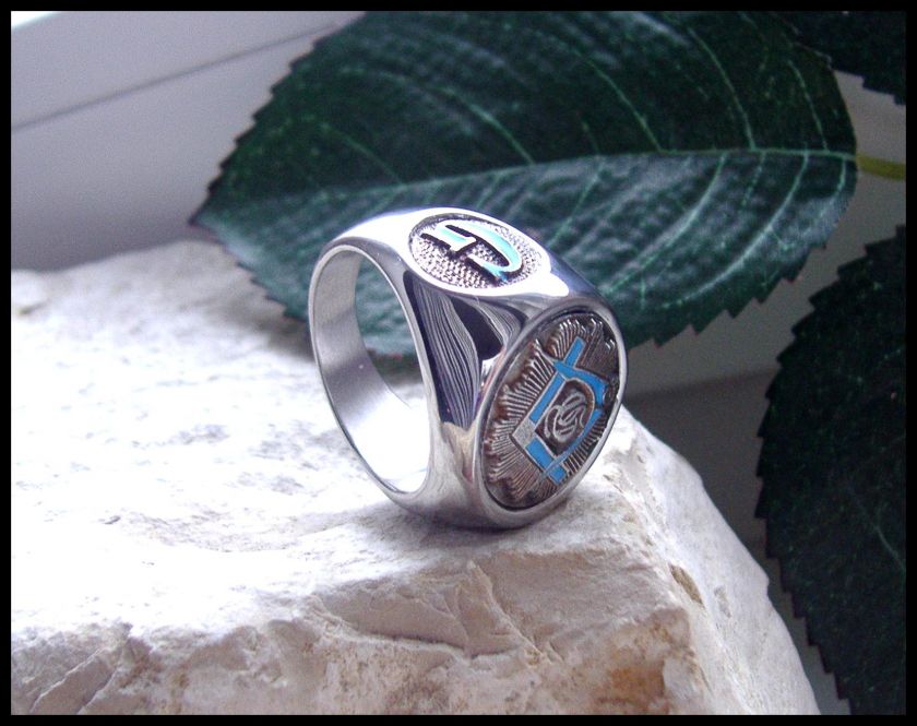   © MASONIC BLUE G LODGE RING VINTAGE SYMBOL STEEL SILVER MASSIVE M11