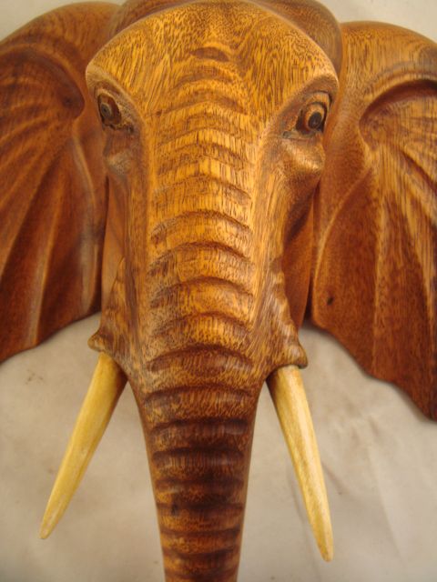 12 Suar Wood Hand Carved Elephant with White Tusks Wall Panel